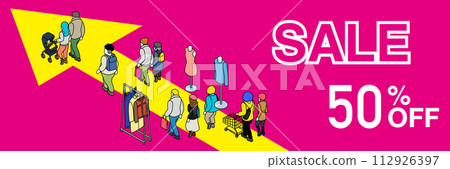 銷售設計模板 購物者朝箭頭方向移動等距景觀 銷售設計模板 購物者朝箭頭方向移動等距景觀 112926397