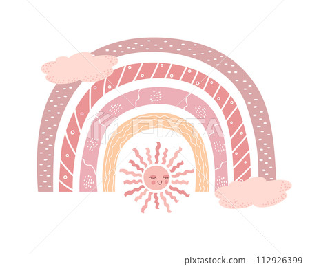 Hand drawn trendy rainbow decorated with sun. Scandinavian rainbow. Cute decoration in pastel colors. Vector illustration 112926399