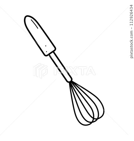 Vector icon of a corolla, doodle illustration of kitchen utensils, a whisk for whipping eggs or cream. Vector icon of a corolla, doodle illustration of kitchen utensils, a whisk for whipping eggs or cream. 112926434