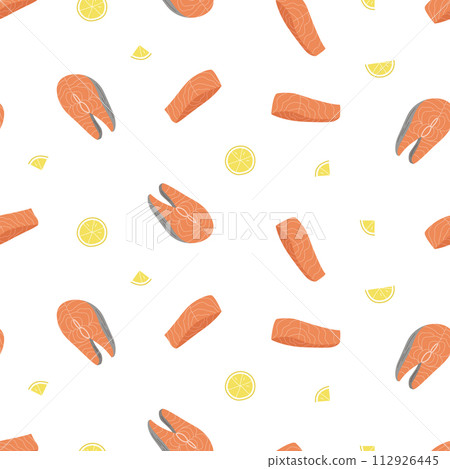 Fish steak seamless pattern. Vector illustration of grilled red fish with sauce and lemon. Healthy eating background. Fish steak seamless pattern. Vector illustration of grilled red fish with sauce and lemon. Healthy eating background. 112926445