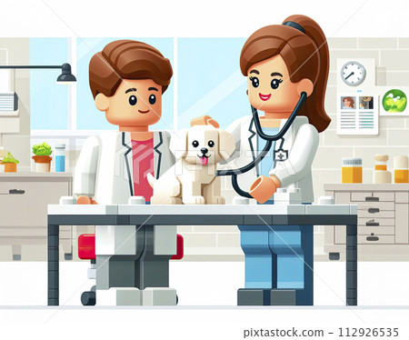 A veterinarian doctor examines a dog in his medical office. Animal treatment, veterinary clinic in the style of a children's construction set A veterinarian doctor examines a dog in his medical office. Animal treatment, veterinary clinic in the style of a children's construction set 112926535