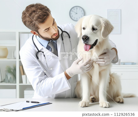 A veterinarian doctor examines a dog in his medical office. Animal treatment, veterinary clinic A veterinarian doctor examines a dog in his medical office. Animal treatment, veterinary clinic 112926536
