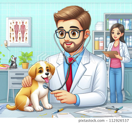 A veterinarian doctor examines a dog in his medical office. Animal treatment, veterinary clinic A veterinarian doctor examines a dog in his medical office. Animal treatment, veterinary clinic 112926537