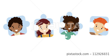 Cute vector illustration of children's faces placed on jigsaw puzzle pieces. Autism awareness concept. Cute vector illustration of children's faces placed on jigsaw puzzle pieces. Autism awareness concept. 112926831