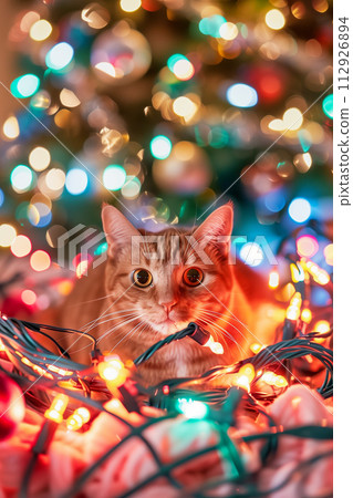 Mischievous Cat Tangled Lights Christmas Stock Illustration 112926894 PIXTA