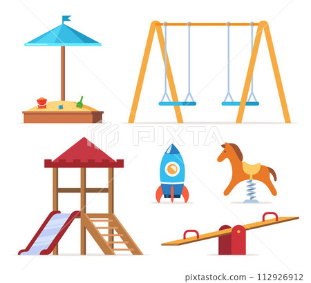 Children's entertainment playground elements. Slide, benches, a sandbox, a swing and a recreation park, toys. Place children games. Vector illustration. Children's entertainment playground elements. Slide, benches, a sandbox, a swing and a recreation park, toys. Place children games. Vector illustration. 112926912