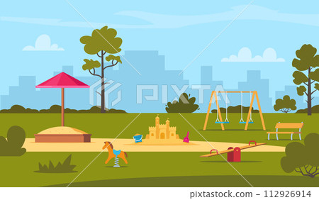 Public park in the city with children playground. Children's entertainment playground elements. Slide, benches, sandbox, swing and recreation park, toys. Place children games. Vector illustration. 112926914