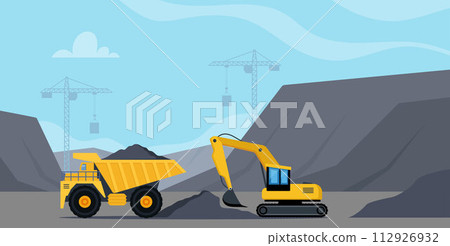Excavator and dump truck working at coal mine. Open pit mine or quarry, extraction machinery. Heavy machinery of wheeled excavator filling with coal materials on a truck. Vector illustration. Excavator and dump truck working at coal mine. Open pit mine or quarry, extraction machinery. Heavy machinery of wheeled excavator filling with coal materials on a truck. Vector illustration. 112926932