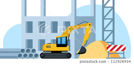 Building work process. Excavator, sand pile, warning sign. Construction equipment. City landscape on background. Vector illustration. Building work process. Excavator, sand pile, warning sign. Construction equipment. City landscape on background. Vector illustration. 112926934