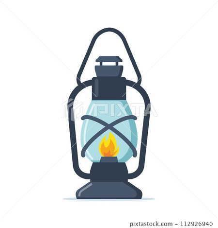 Old kerosene or oil vintage lantern with burning wick and holder. Camping or mine illumination. Old style lighting equipment. Vector illustration. Old kerosene or oil vintage lantern with burning wick and holder. Camping or mine illumination. Old style lighting equipment. Vector illustration. 112926940