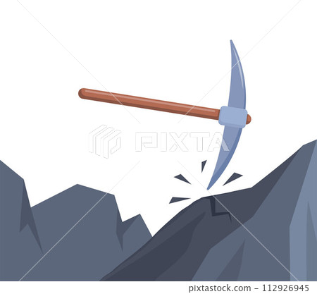 Coal lumps and pickaxe. Firewood charcoal fossil mineral fuels pile, graphite material with mining tool vector illustration. 112926945