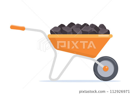 Handle trolley with coal. Wagon transporting pile coal. Mining industry equipment. Underground minerals extraction. Construction and building transportation vehicle. Vector illustration. 112926971