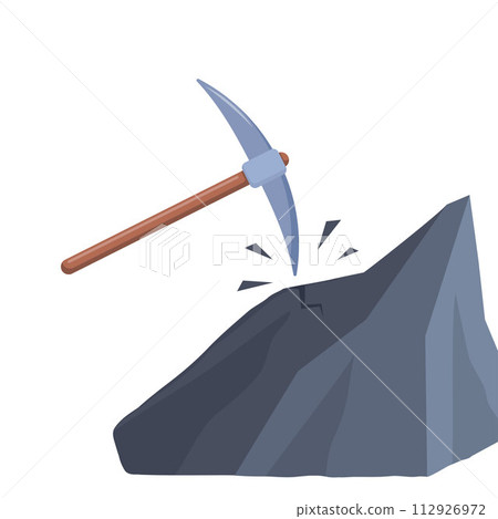 Coal lumps and pickaxe. Firewood charcoal fossil mineral fuels pile, graphite material with mining tool vector illustration. 112926972