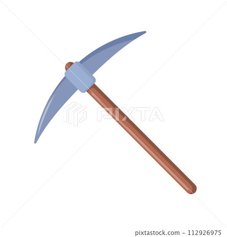 Wooden Pickaxe in flat style. Iron pickaxe for extraction of precious stones or extracting minerals. Miners hand tool. Vector illustration. 112926975