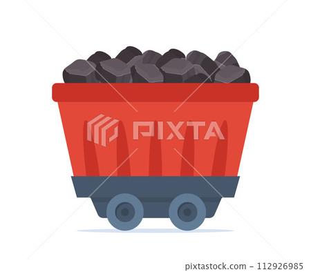 Mine coal trolley. Wagon transporting pile coal. Mining industry equipment. Underground minerals extraction. Construction and building transportation vehicle. Vector illustration. 112926985
