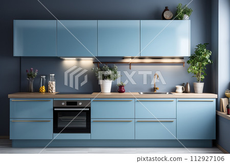The kitchen and furniture in the kitchen are light blue. 112927106