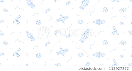 Cosmos doodle is a set of vector illustrations. Seamless pattern icons of space elements rocket cosmonaut stars satellite telescope comet. 112927222