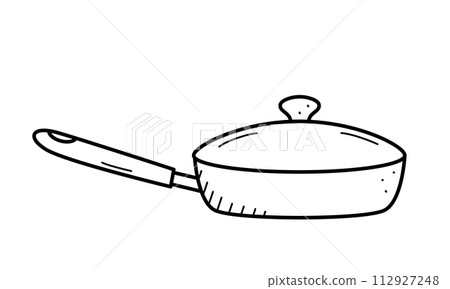 Frying pan doodle sketch icon. Vector illustration of cooking utensils for frying food. Frying pan doodle sketch icon. Vector illustration of cooking utensils for frying food. 112927248