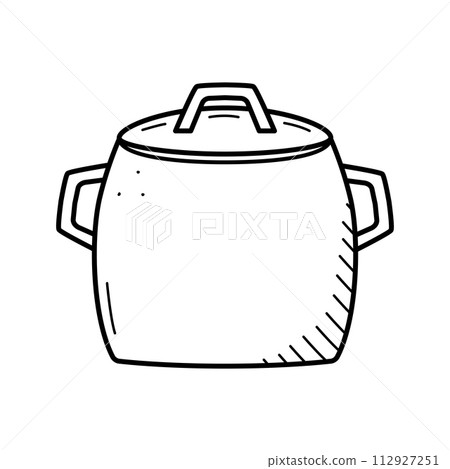 Cookware saucepan pan doodle icon. Vector illustration of kitchen utensils. Cookware saucepan pan doodle icon. Vector illustration of kitchen utensils. 112927251