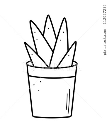Green flower in a pot, vector illustration of the contour of a doodle plant, landscaping of the room Green flower in a pot, vector illustration of the contour of a doodle plant, landscaping of the room 112927253