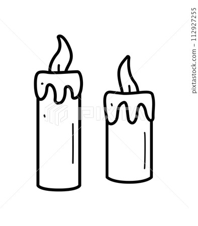 Two icons of a burning candle doodle style. Vector illustration of a wax candle. Isolated on white. Two icons of a burning candle doodle style. Vector illustration of a wax candle. Isolated on white. 112927255