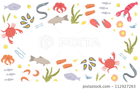 Seafood icons elements in color. Vector illustration of seafood and sea cuisine. 112927263