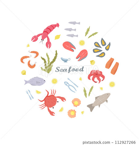 Seafood icons elements in color. Vector illustration of seafood and sea cuisine. 112927266