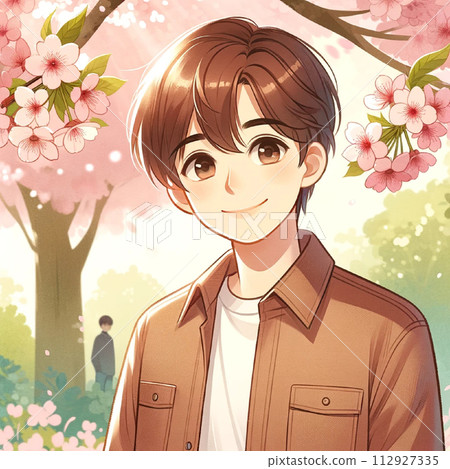 Men looking up at cherry blossoms Men looking up at cherry blossoms 112927335