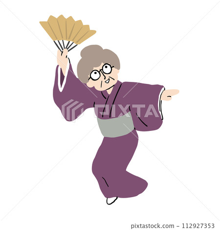 An old woman wearing a kimono and dancing Japanese dance with a fan 2 An old woman wearing a kimono and dancing Japanese dance with a fan 2 112927353