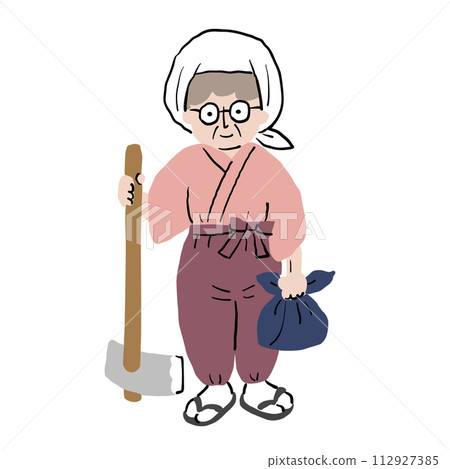 An old woman wearing Monpe clothes and going to work in the field 112927385