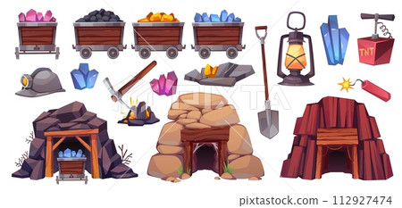 Cartoon mining tools. Miners stuff, minerals and coal in trolleys, shovels, picks and helmets, cave entrances, crystal stones. Underground natural resources isolated tidy vector set 112927474