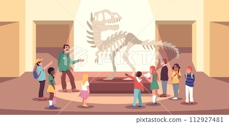 Kids group in exhibition hall. Guide tells children about tyrannosaurus rex, dinosaur museum, extinct animal skeleton. Historical artefact and scull cartoon flat isolated tidy vector concept 112927481