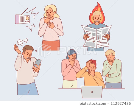 People getting bad news. Negative reaction to stressful information, social media and fake news, angry scared men and women, propaganda attack cartoon flat style isolated vector set People getting bad news. Negative reaction to stressful information, social media and fake news, angry scared men and women, propaganda attack cartoon flat style isolated vector set 112927486