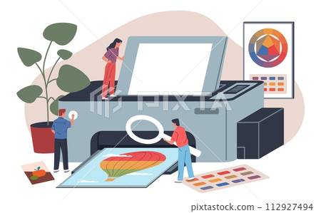 Printing house people. Typography workers with printer, color test, copy center staff, poster production process, teamwork employee cartoon flat style isolated nowaday vector concept Printing house people. Typography workers with printer, color test, copy center staff, poster production process, teamwork employee cartoon flat style isolated nowaday vector concept 112927494