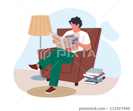 Reading newspapers. Young man is sitting in armchair and reading latest press, guy looks through daily news column, periodical printing product cartoon flat style nowaday vector concept Reading newspapers. Young man is sitting in armchair and reading latest press, guy looks through daily news column, periodical printing product cartoon flat style nowaday vector concept 112927499