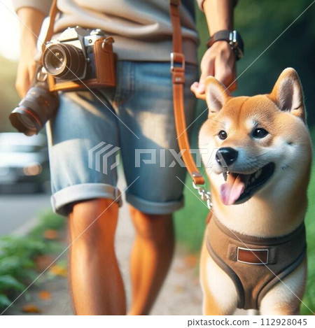 Shiba Inu walking with his owner 112928045