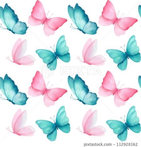 Watercolor seamless pattern with illustration of delicate pink and turquoise butterflies. Handmade, isolated 112928162