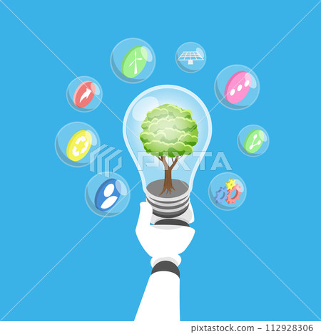 3D Isometric Flat Vector Illustration of Robot Hand Holding Lightbulb, Environmental Technologies 112928306