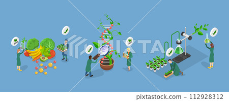 3D Isometric Flat Vector Illustration of Science In Agriculture, Development of New Food Products 112928312