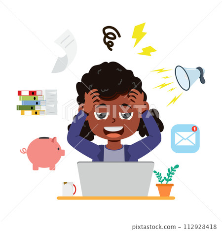 african girl stressed Multitasking worker tired african girl stressed Multitasking worker tired 112928418