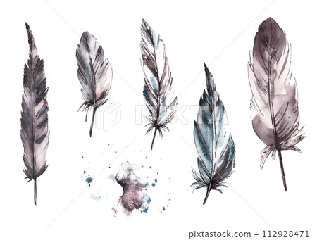 Monochrome bird feathers set with graphic line, watercolor grey, black granulating stain, brush stroke. Real wings. Hand drawn illustration. Clipart for logo, print, sticker. Isolated white background Monochrome bird feathers set with graphic line, watercolor grey, black granulating stain, brush stroke. Real wings. Hand drawn illustration. Clipart for logo, print, sticker. Isolated white background 112928471