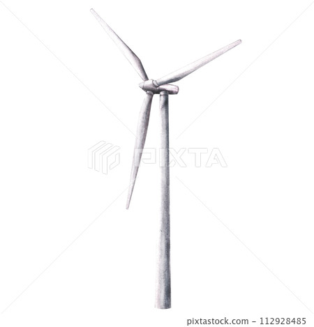 Watercolor eco wind turbine, windmills. Hand drawn illustration. For ecology theme, alternative renewable energy, environmental protection for print, sticker logo Isolated clipart on white background 112928485