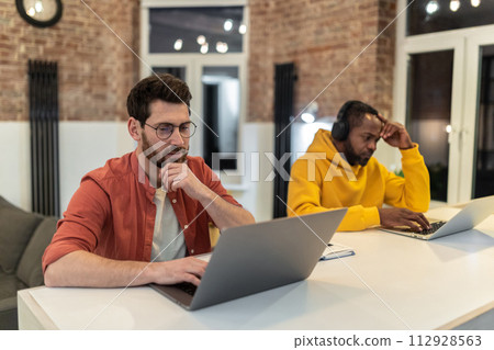 Two colleagues working together and looking serious Two colleagues working together and looking serious 112928563