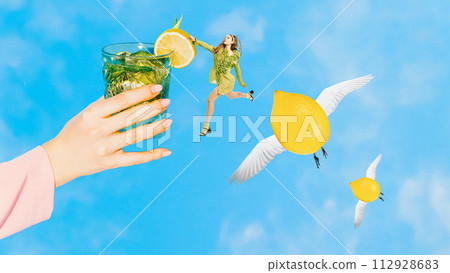 Poster. Contemporary art collage. Hand holding drink with dancing woman and flying lemons with wings against blue sky background. Poster. Contemporary art collage. Hand holding drink with dancing woman and flying lemons with wings against blue sky background. 112928683