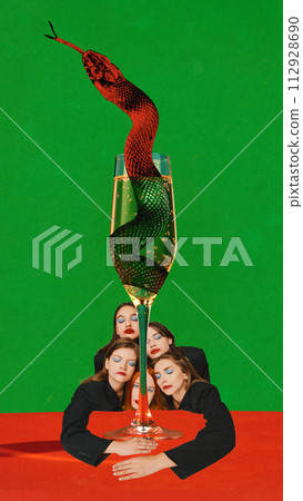 Poster. Contemporary art collage. Group of young woman with bright makeup sitting and reaching to glass of champagne with snake inside. Poster. Contemporary art collage. Group of young woman with bright makeup sitting and reaching to glass of champagne with snake inside. 112928690