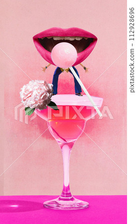 Poster. Contemporary art collage. Young man with pink lips instead of head jumping to Margarita cocktail with lollipop. Poster. Contemporary art collage. Young man with pink lips instead of head jumping to Margarita cocktail with lollipop. 112928696
