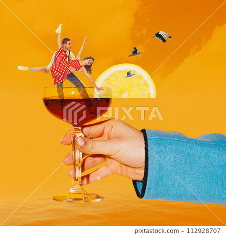 Poster. Contemporary art collage. hand holding glass of alcohol drink where dancing men and woman in retro attire. Textures. Poster. Contemporary art collage. hand holding glass of alcohol drink where dancing men and woman in retro attire. Textures. 112928707