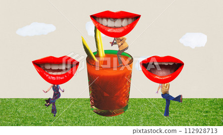 Poster. Contemporary art collage. Energetic, positive people with red lips instead of head dancing against textured background. 112928713