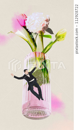 Poster. Contemporary art collage. Man in retro outfit dancing next to cocktail glass filled with flowers against pastel backdrop. 112928722