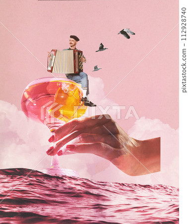 Poster. Contemporary art collage. Young man sitting on edge of cocktail glass in retro attire and playing on accordion. Poster. Contemporary art collage. Young man sitting on edge of cocktail glass in retro attire and playing on accordion. 112928740